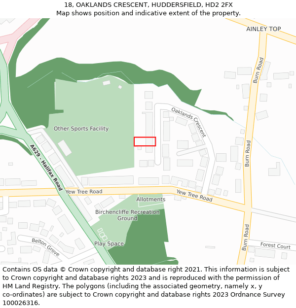 18, OAKLANDS CRESCENT, HUDDERSFIELD, HD2 2FX: Location map and indicative extent of plot