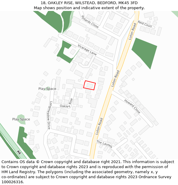 18, OAKLEY RISE, WILSTEAD, BEDFORD, MK45 3FD: Location map and indicative extent of plot