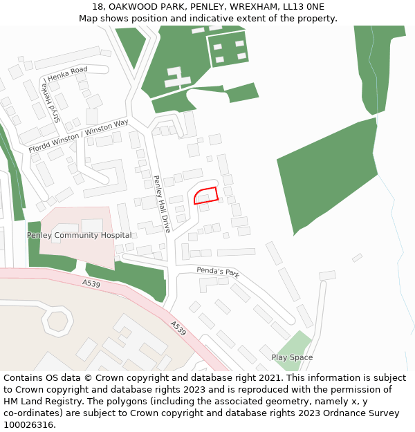 18, OAKWOOD PARK, PENLEY, WREXHAM, LL13 0NE: Location map and indicative extent of plot