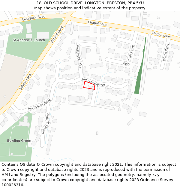 18, OLD SCHOOL DRIVE, LONGTON, PRESTON, PR4 5YU: Location map and indicative extent of plot