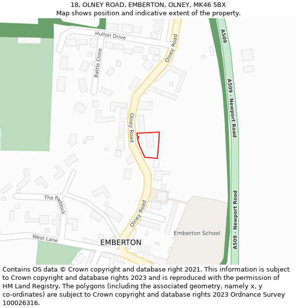 18, OLNEY ROAD, EMBERTON, OLNEY, MK46 5BX: Location map and indicative extent of plot