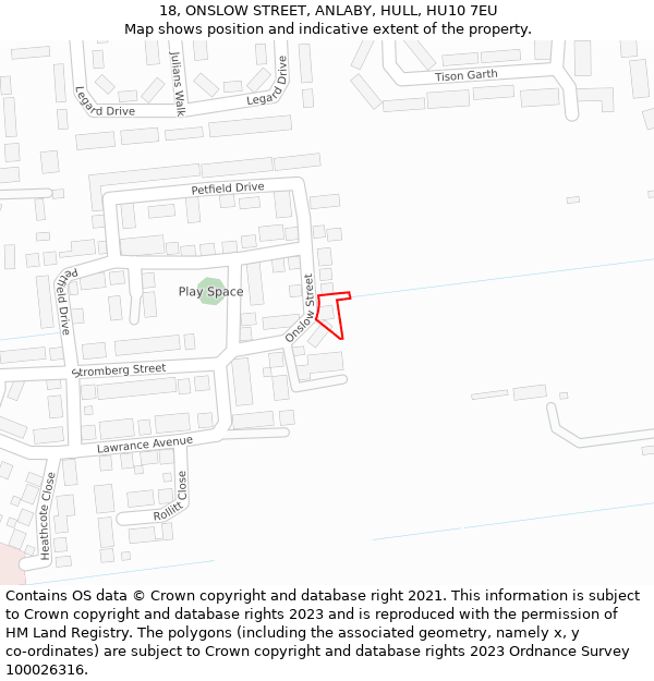 18, ONSLOW STREET, ANLABY, HULL, HU10 7EU: Location map and indicative extent of plot