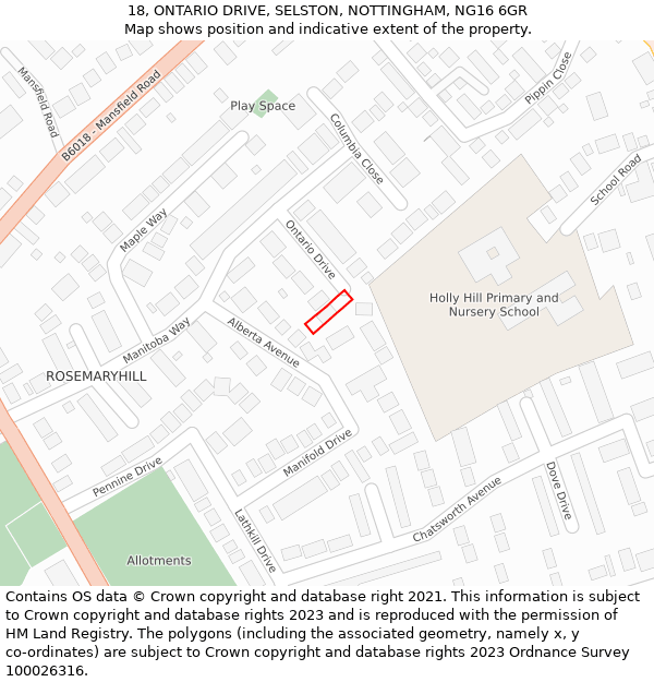 18, ONTARIO DRIVE, SELSTON, NOTTINGHAM, NG16 6GR: Location map and indicative extent of plot