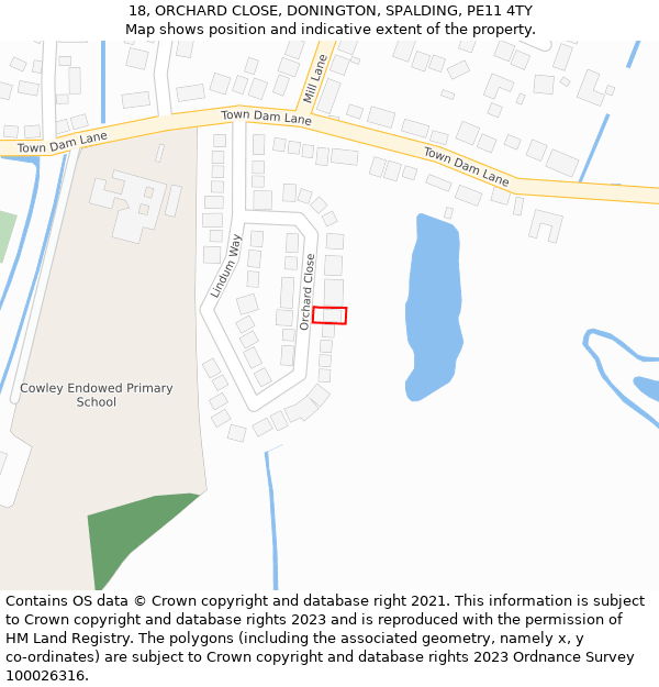 18, ORCHARD CLOSE, DONINGTON, SPALDING, PE11 4TY: Location map and indicative extent of plot