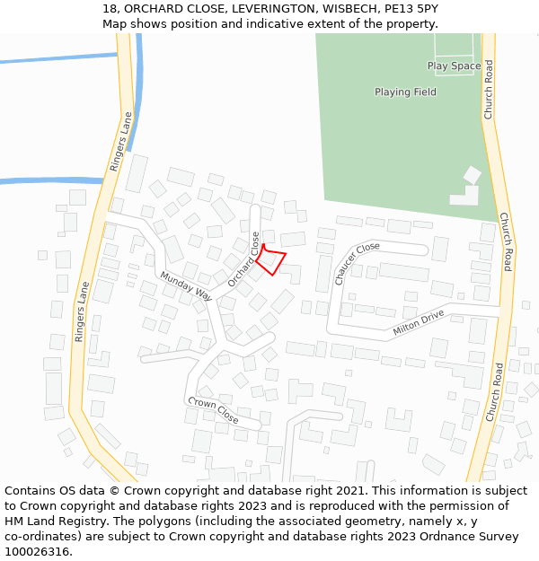 18, ORCHARD CLOSE, LEVERINGTON, WISBECH, PE13 5PY: Location map and indicative extent of plot