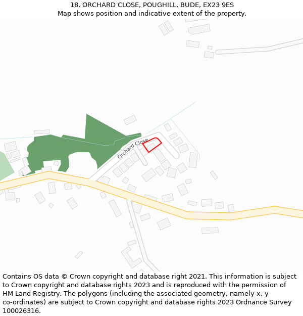 18, ORCHARD CLOSE, POUGHILL, BUDE, EX23 9ES: Location map and indicative extent of plot