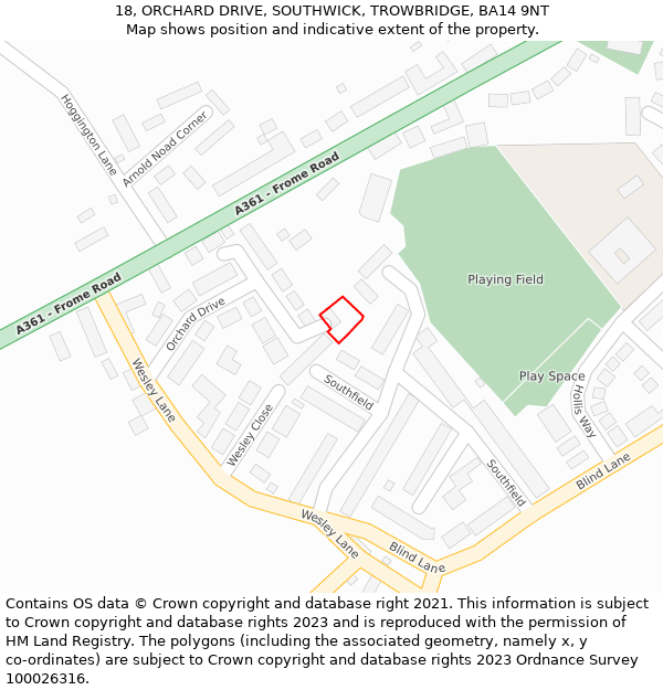 18, ORCHARD DRIVE, SOUTHWICK, TROWBRIDGE, BA14 9NT: Location map and indicative extent of plot