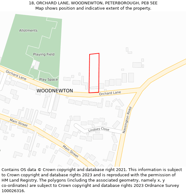 18, ORCHARD LANE, WOODNEWTON, PETERBOROUGH, PE8 5EE: Location map and indicative extent of plot