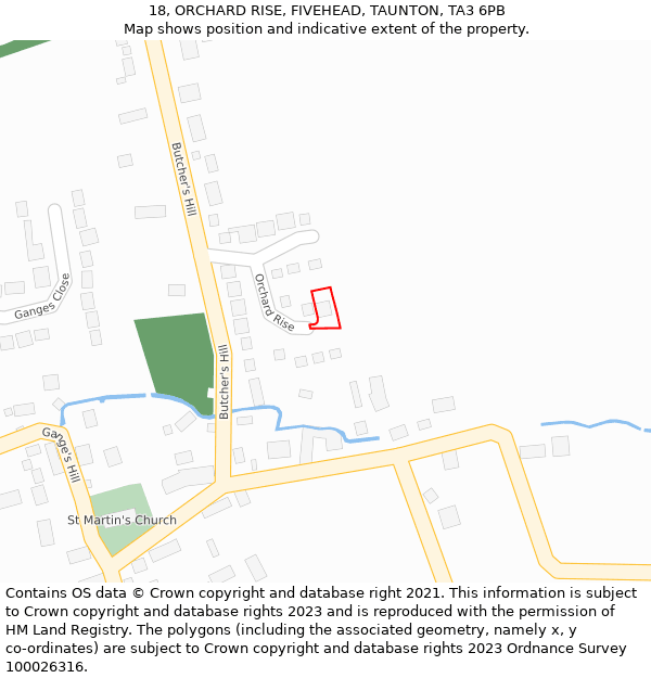 18, ORCHARD RISE, FIVEHEAD, TAUNTON, TA3 6PB: Location map and indicative extent of plot