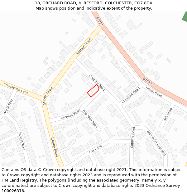 18, ORCHARD ROAD, ALRESFORD, COLCHESTER, CO7 8DX: Location map and indicative extent of plot