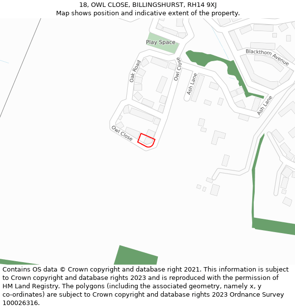 18, OWL CLOSE, BILLINGSHURST, RH14 9XJ: Location map and indicative extent of plot