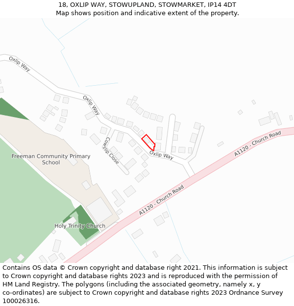 18, OXLIP WAY, STOWUPLAND, STOWMARKET, IP14 4DT: Location map and indicative extent of plot