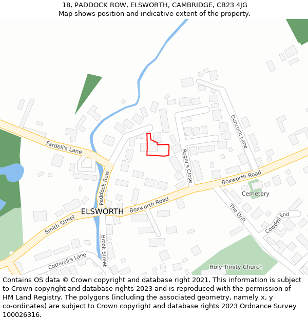 18, PADDOCK ROW, ELSWORTH, CAMBRIDGE, CB23 4JG: Location map and indicative extent of plot