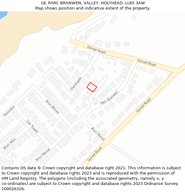 18, PARC BRANWEN, VALLEY, HOLYHEAD, LL65 3AW: Location map and indicative extent of plot