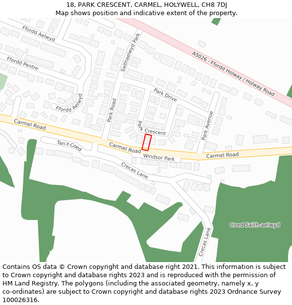 18, PARK CRESCENT, CARMEL, HOLYWELL, CH8 7DJ: Location map and indicative extent of plot