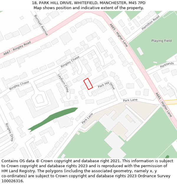 18, PARK HILL DRIVE, WHITEFIELD, MANCHESTER, M45 7PD: Location map and indicative extent of plot