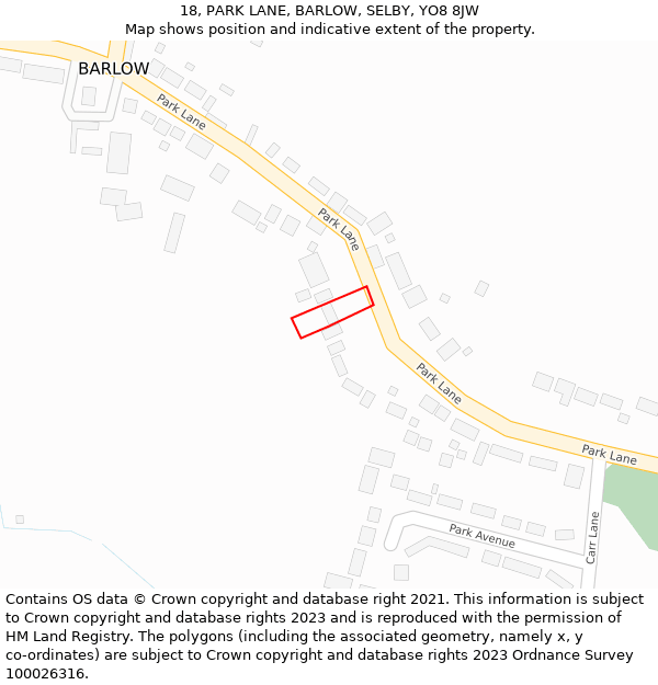18, PARK LANE, BARLOW, SELBY, YO8 8JW: Location map and indicative extent of plot
