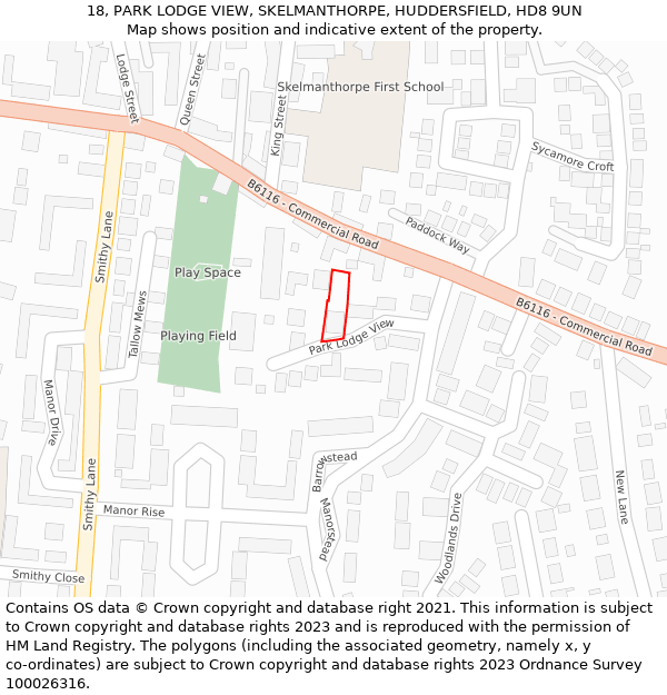 18, PARK LODGE VIEW, SKELMANTHORPE, HUDDERSFIELD, HD8 9UN: Location map and indicative extent of plot