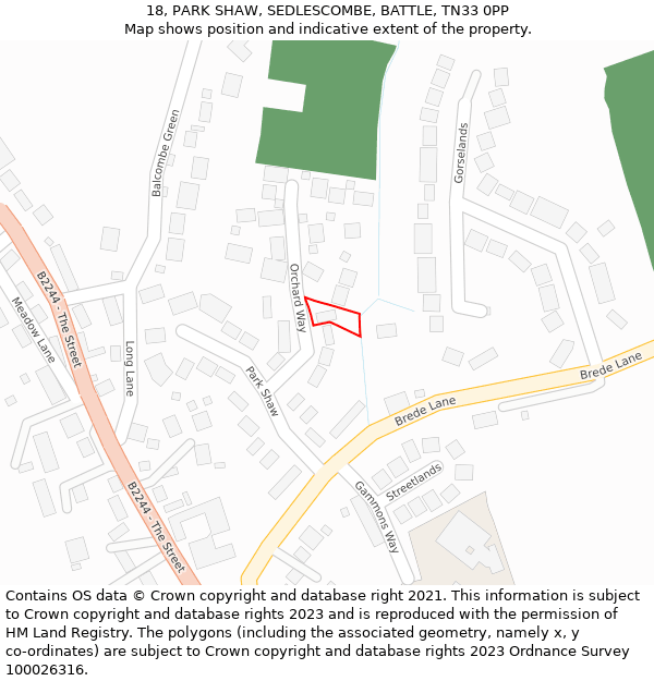 18, PARK SHAW, SEDLESCOMBE, BATTLE, TN33 0PP: Location map and indicative extent of plot