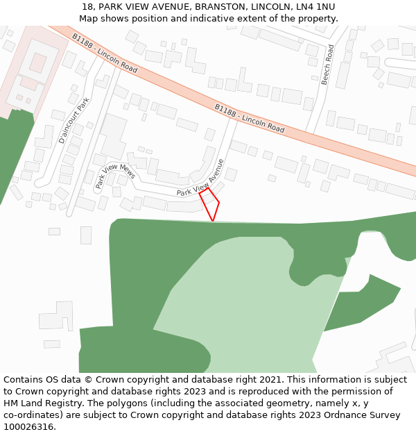 18, PARK VIEW AVENUE, BRANSTON, LINCOLN, LN4 1NU: Location map and indicative extent of plot