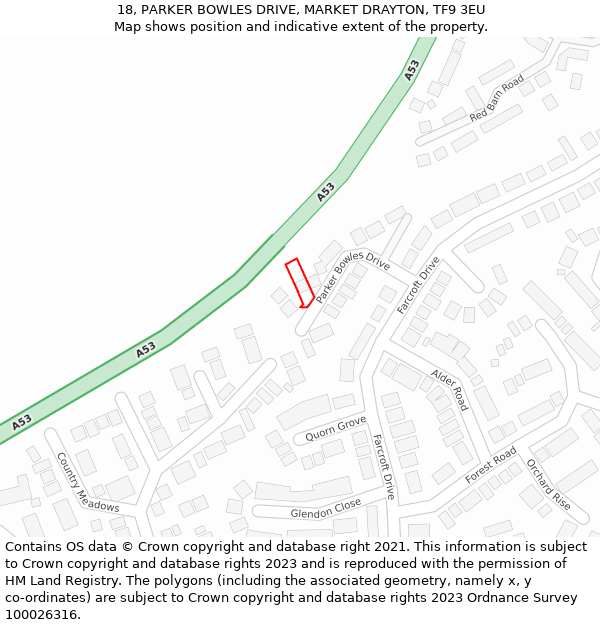 18, PARKER BOWLES DRIVE, MARKET DRAYTON, TF9 3EU: Location map and indicative extent of plot