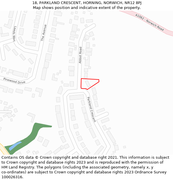 18, PARKLAND CRESCENT, HORNING, NORWICH, NR12 8PJ: Location map and indicative extent of plot