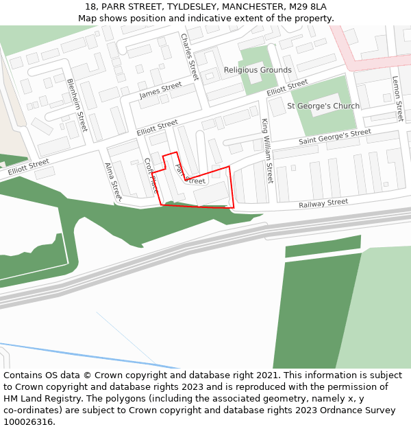 18, PARR STREET, TYLDESLEY, MANCHESTER, M29 8LA: Location map and indicative extent of plot