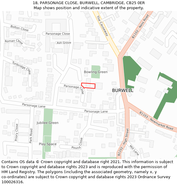 18, PARSONAGE CLOSE, BURWELL, CAMBRIDGE, CB25 0ER: Location map and indicative extent of plot