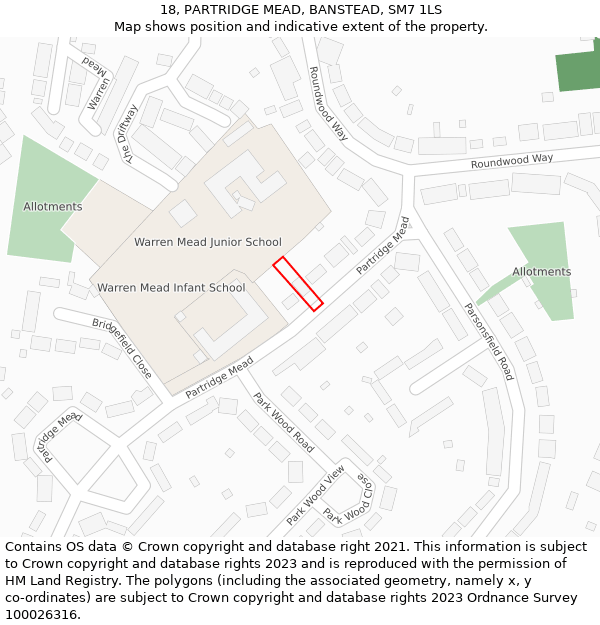 18, PARTRIDGE MEAD, BANSTEAD, SM7 1LS: Location map and indicative extent of plot