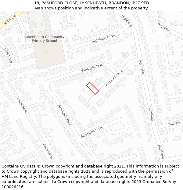 18, PASHFORD CLOSE, LAKENHEATH, BRANDON, IP27 9ED: Location map and indicative extent of plot
