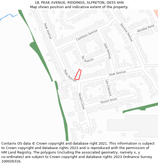 18, PEAK AVENUE, RIDDINGS, ALFRETON, DE55 4AN: Location map and indicative extent of plot