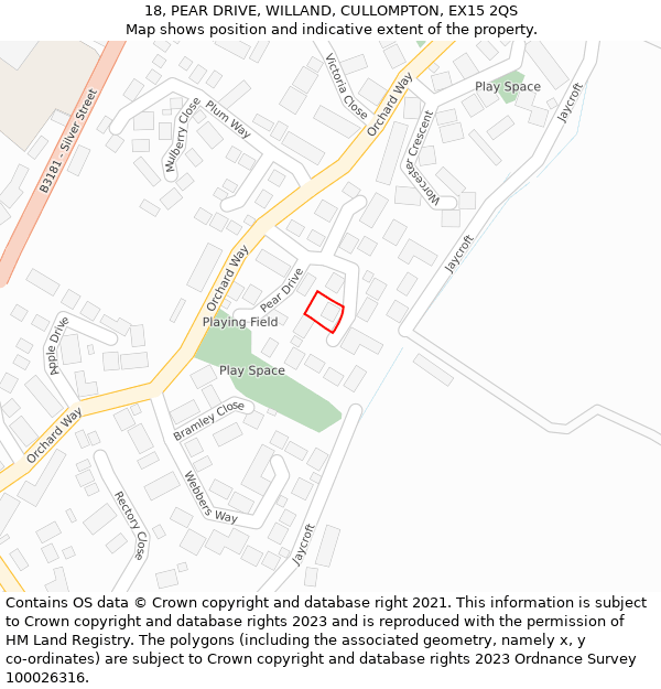 18, PEAR DRIVE, WILLAND, CULLOMPTON, EX15 2QS: Location map and indicative extent of plot