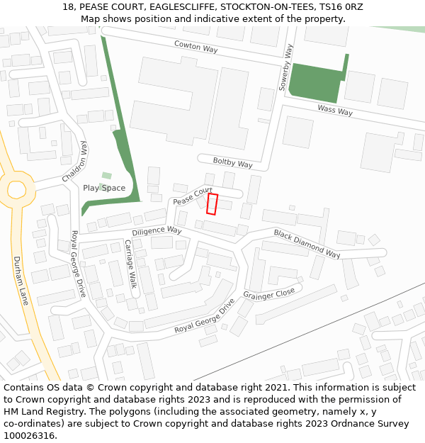 18, PEASE COURT, EAGLESCLIFFE, STOCKTON-ON-TEES, TS16 0RZ: Location map and indicative extent of plot