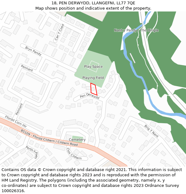 18, PEN DERWYDD, LLANGEFNI, LL77 7QE: Location map and indicative extent of plot