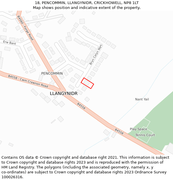 18, PENCOMMIN, LLANGYNIDR, CRICKHOWELL, NP8 1LT: Location map and indicative extent of plot