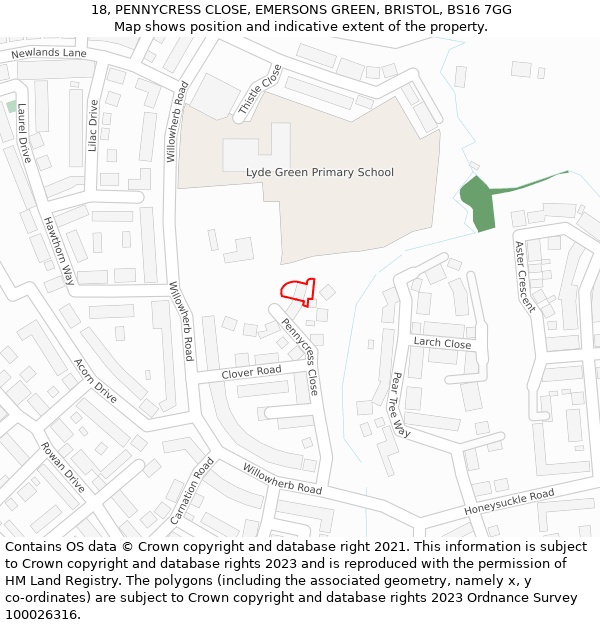 18, PENNYCRESS CLOSE, EMERSONS GREEN, BRISTOL, BS16 7GG: Location map and indicative extent of plot