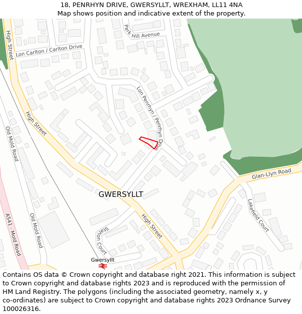 18, PENRHYN DRIVE, GWERSYLLT, WREXHAM, LL11 4NA: Location map and indicative extent of plot