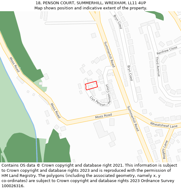 18, PENSON COURT, SUMMERHILL, WREXHAM, LL11 4UP: Location map and indicative extent of plot