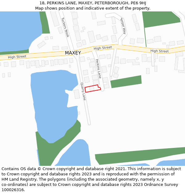 18, PERKINS LANE, MAXEY, PETERBOROUGH, PE6 9HJ: Location map and indicative extent of plot