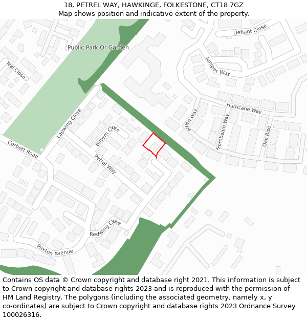 18, PETREL WAY, HAWKINGE, FOLKESTONE, CT18 7GZ: Location map and indicative extent of plot