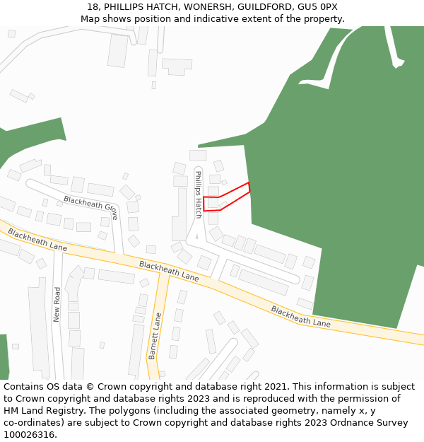 18, PHILLIPS HATCH, WONERSH, GUILDFORD, GU5 0PX: Location map and indicative extent of plot