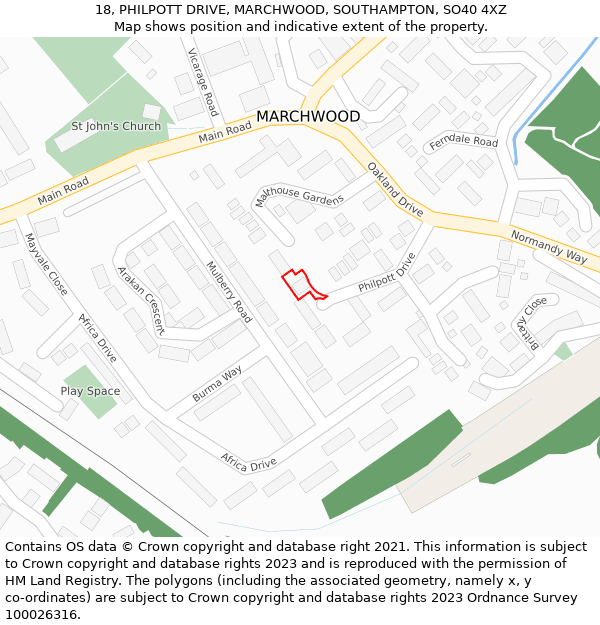 18, PHILPOTT DRIVE, MARCHWOOD, SOUTHAMPTON, SO40 4XZ: Location map and indicative extent of plot