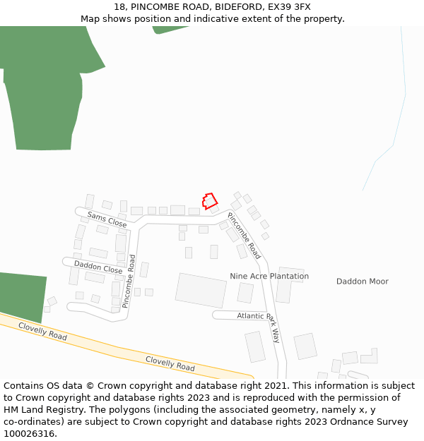 18, PINCOMBE ROAD, BIDEFORD, EX39 3FX: Location map and indicative extent of plot