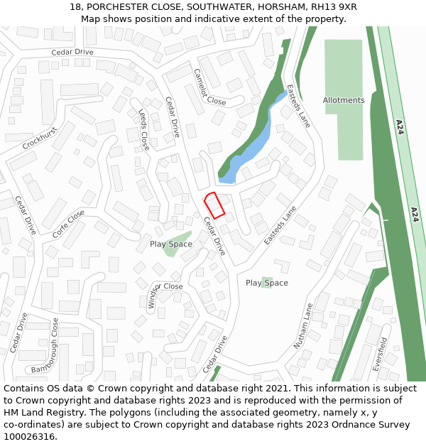 18, PORCHESTER CLOSE, SOUTHWATER, HORSHAM, RH13 9XR: Location map and indicative extent of plot