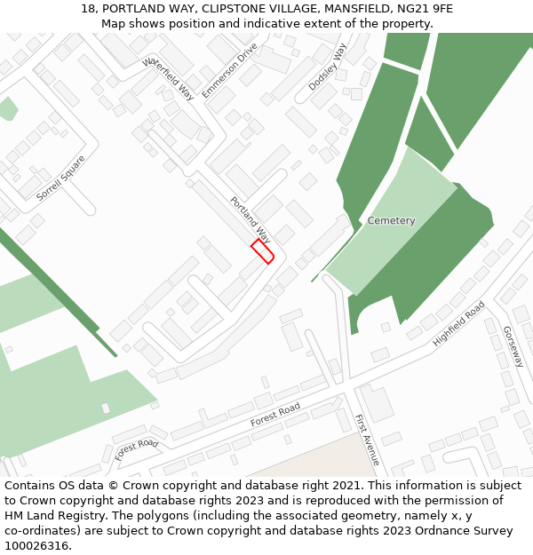 18, PORTLAND WAY, CLIPSTONE VILLAGE, MANSFIELD, NG21 9FE: Location map and indicative extent of plot