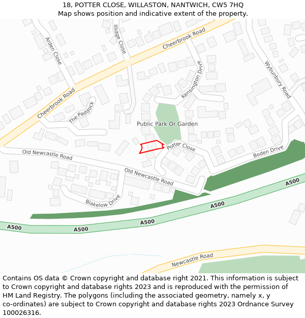 18, POTTER CLOSE, WILLASTON, NANTWICH, CW5 7HQ: Location map and indicative extent of plot