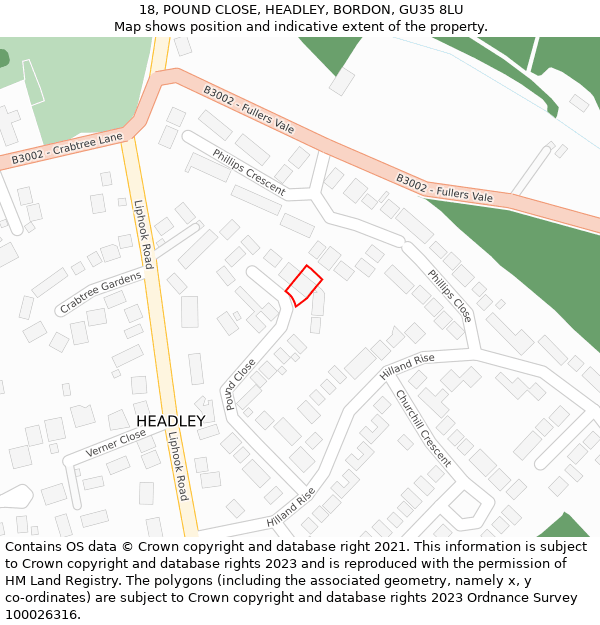 18, POUND CLOSE, HEADLEY, BORDON, GU35 8LU: Location map and indicative extent of plot