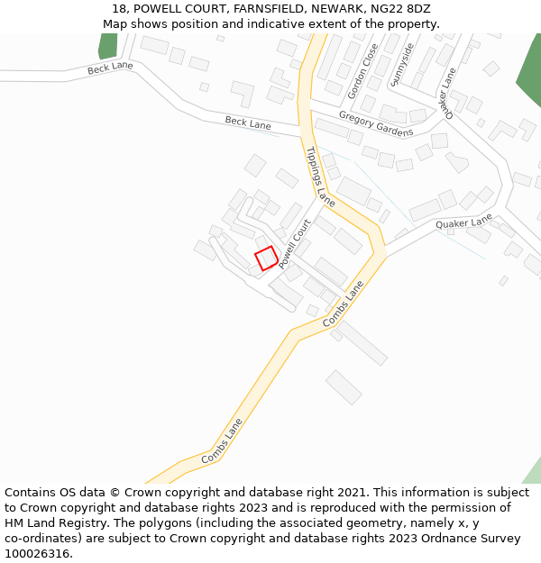 18, POWELL COURT, FARNSFIELD, NEWARK, NG22 8DZ: Location map and indicative extent of plot