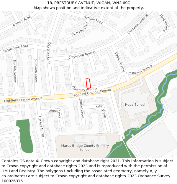 18, PRESTBURY AVENUE, WIGAN, WN3 6SG: Location map and indicative extent of plot