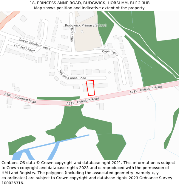 18, PRINCESS ANNE ROAD, RUDGWICK, HORSHAM, RH12 3HR: Location map and indicative extent of plot